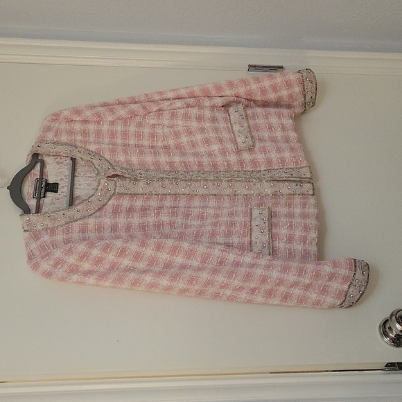 BEREK by TAKAKO SAKON Pink Plaid Tweed Lace Beaded Embellished Blazer - Picture 2 of 16